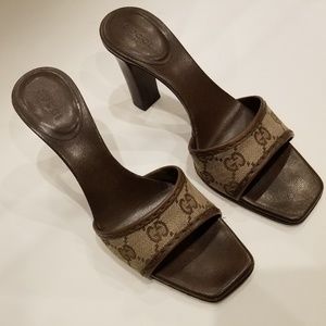 Gucci - Monogram Brown Open Toe Heels Sz 6